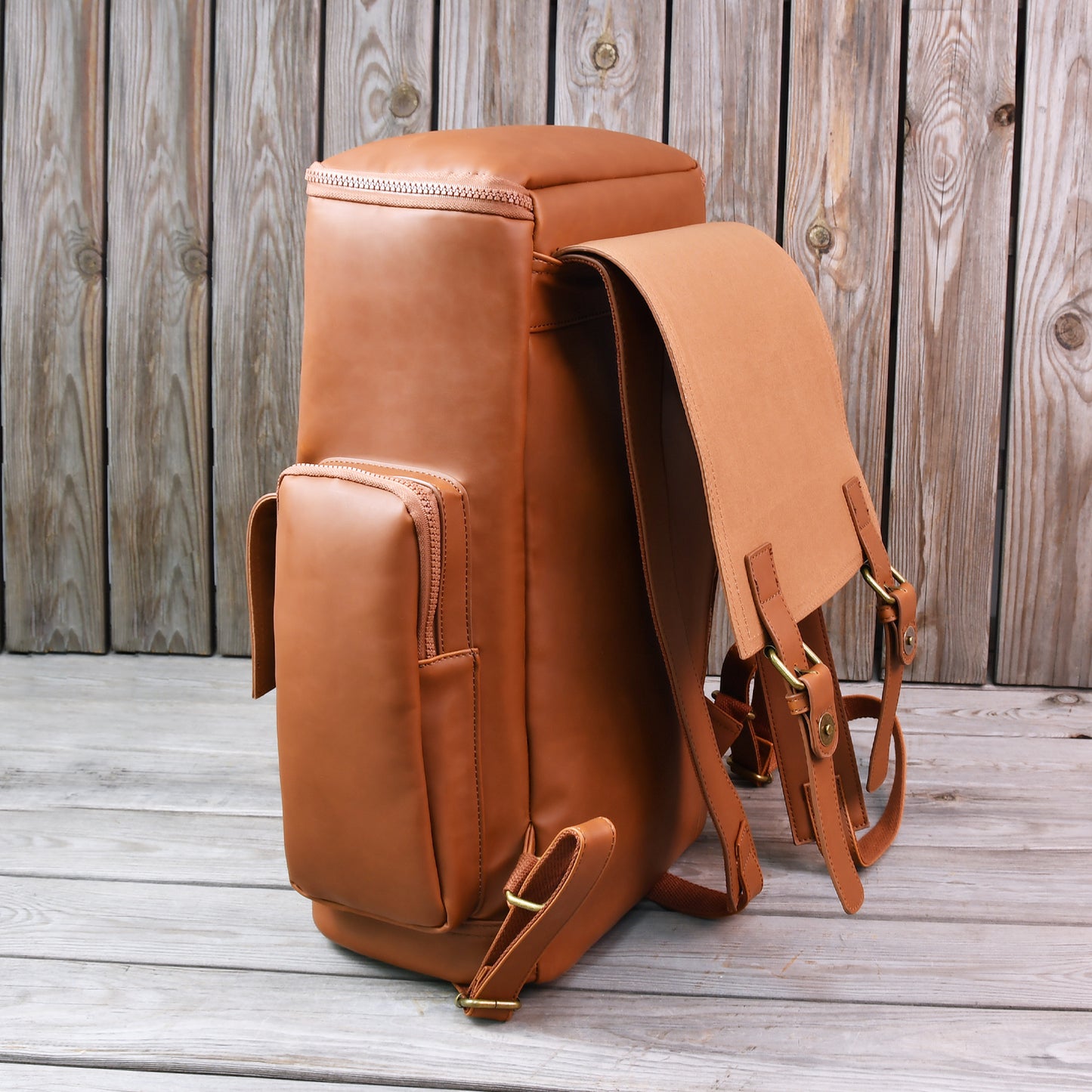 Vegan Leather Backpack, Personalized Travel Backpack Rucksack, Brown Leather Roll Top Backpack, Laptop Bag
