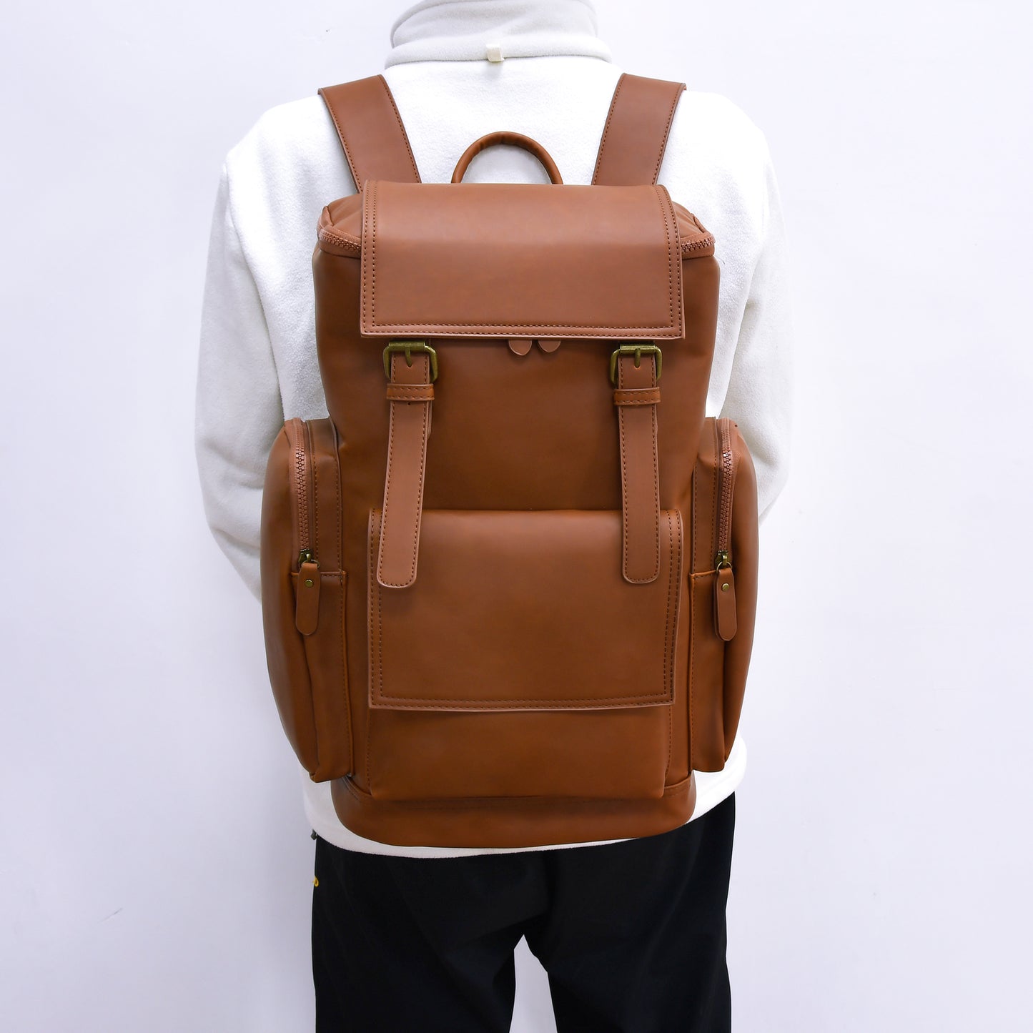 Vegan Leather Backpack, Personalized Travel Backpack Rucksack, Brown Leather Roll Top Backpack, Laptop Bag