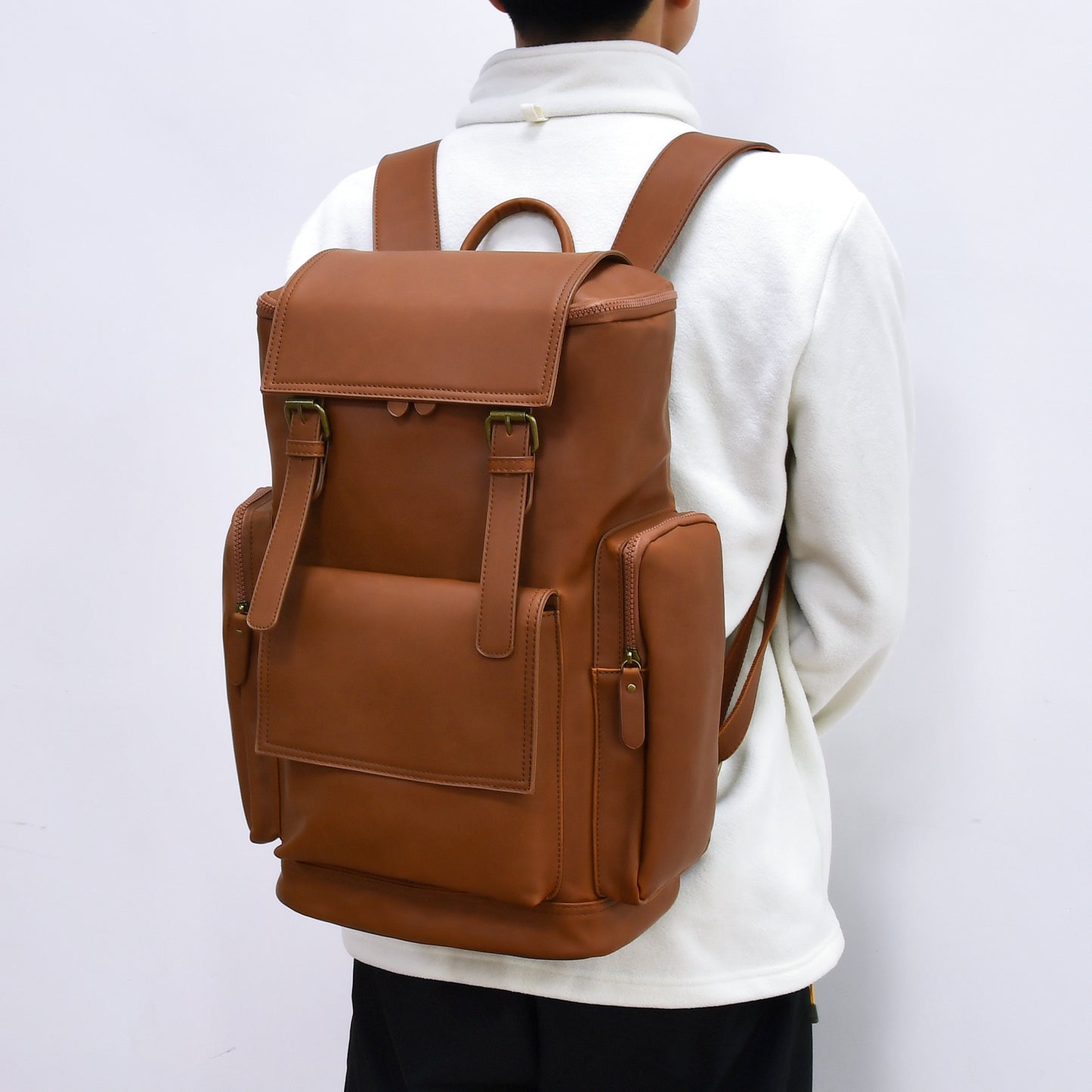 Vegan Leather Backpack, Personalized Travel Backpack Rucksack, Brown Leather Roll Top Backpack, Laptop Bag
