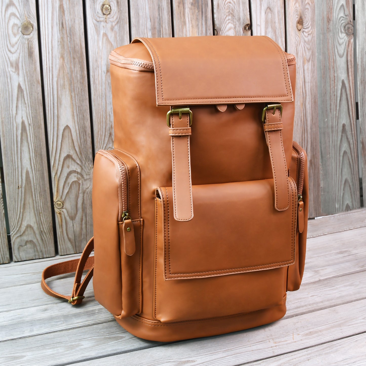 Vegan Leather Backpack, Personalized Travel Backpack Rucksack, Brown Leather Roll Top Backpack, Laptop Bag