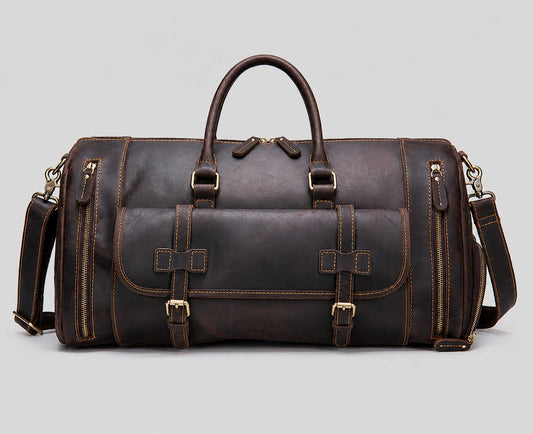 Dark brown vintage leather weekender bag