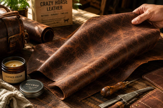 Craftsman displaying crazy horse leather texture with leather care tools and beeswax