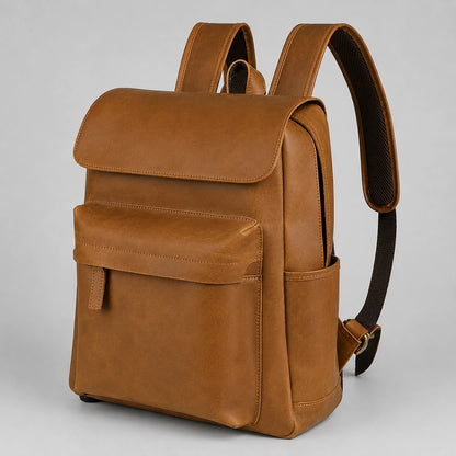 Side profile showing leather strap and pockets
