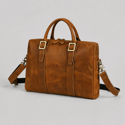 Side view of premium brown crazy horse leather briefcase with external zipper pocket and leather texture