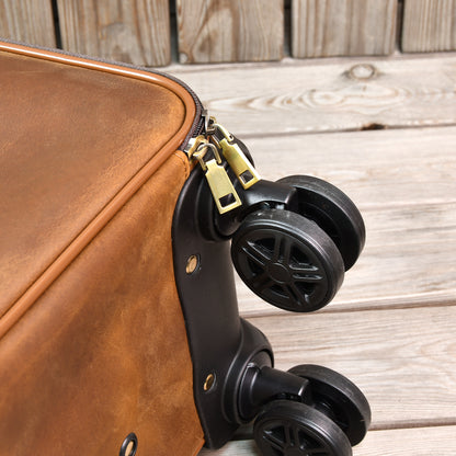 Genuine Leather Duffle Bag with Wheels, Large Capacity Leather Weekender, Rolling Overnight Travel Trolley Bag, Personalised Gifts For Him