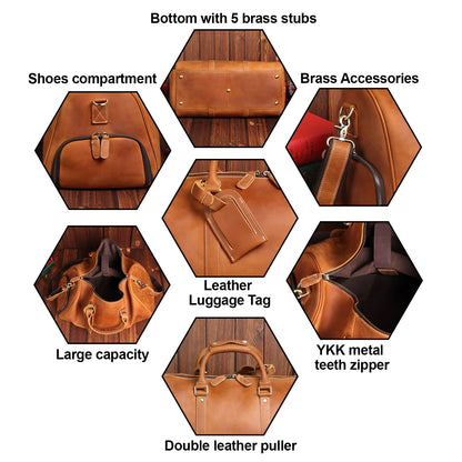 Top Grain Leather Handcrafted Duffel Bag with Adjustable Shoulder Strap and Interior Pocket, Retro Style Weekender Bag Men's or Women's