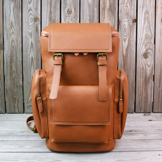 Vegan Leather Backpack, Personalized Travel Backpack Rucksack, Brown Leather Roll Top Backpack, Laptop Bag