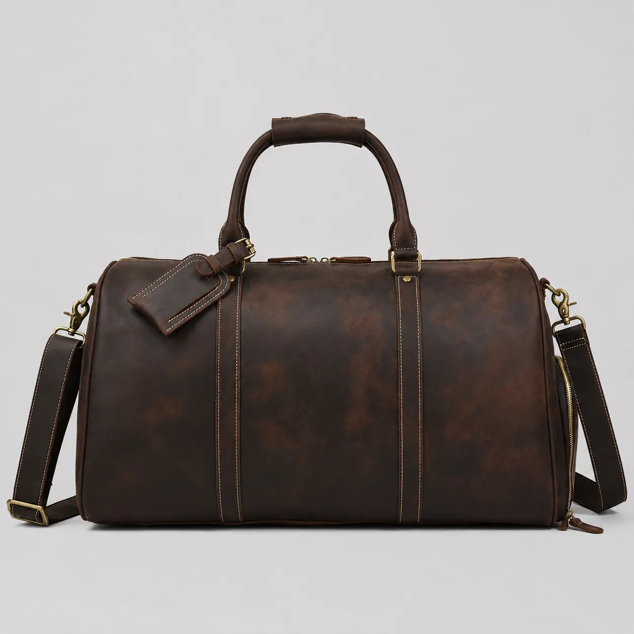 Dark brown vintage leather weekender bag for men