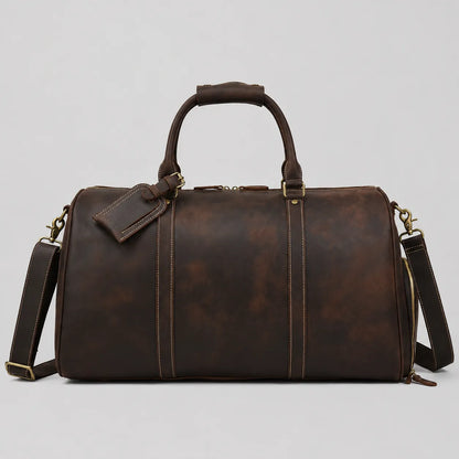Dark brown vintage leather weekender bag for men