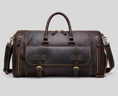 Dark brown vintage leather weekender bag