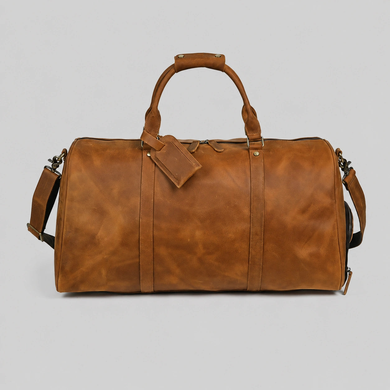 Full grain leather travel duffel bag with shoe compartment