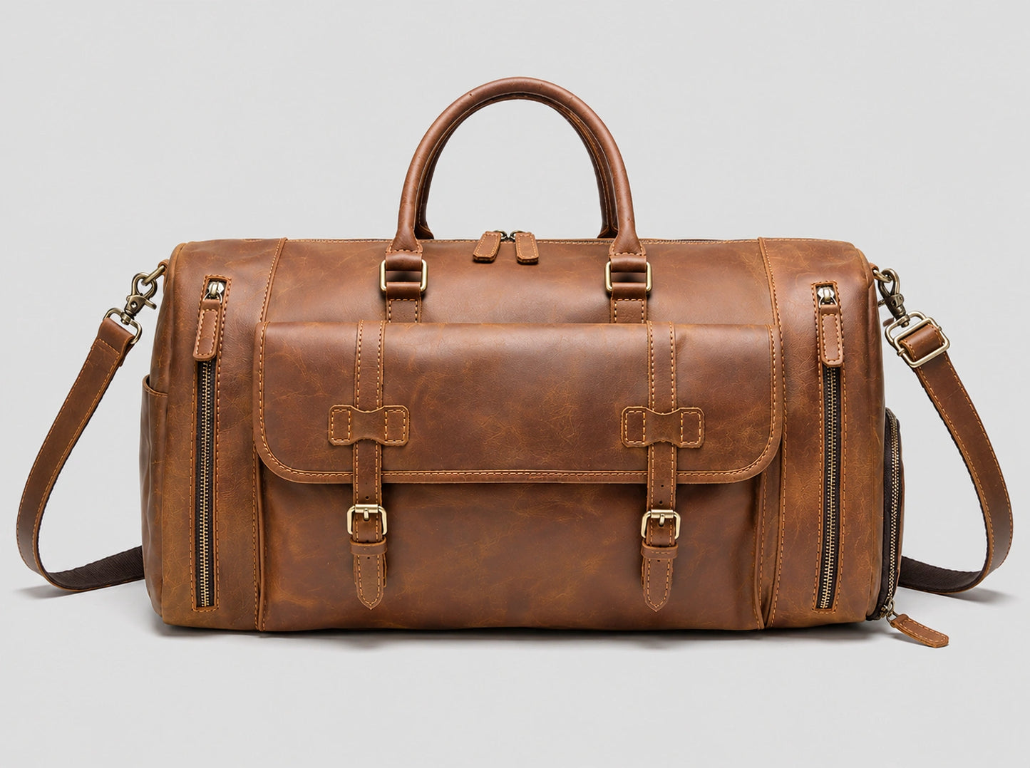 Vintage leather weekender bag for men with front buckle pockets