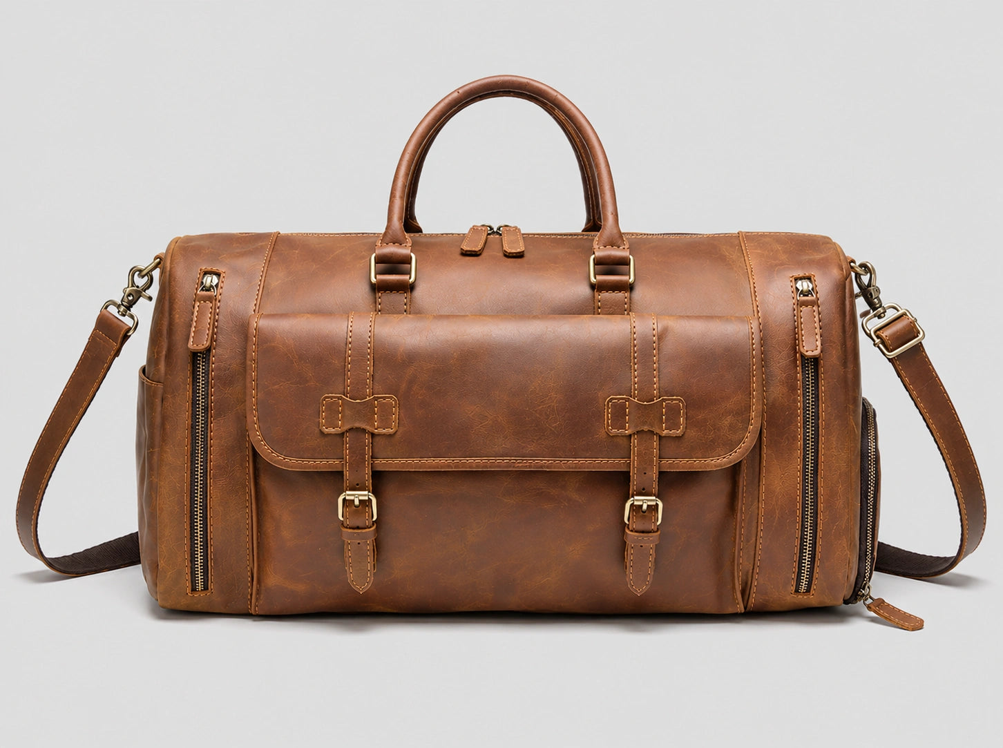 Vintage leather weekender bag for men with front buckle pockets