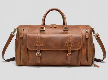 Vintage leather weekender bag for men with front buckle pockets