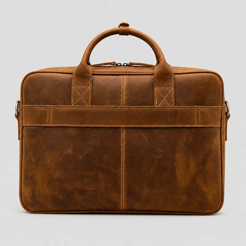 Back view of vintage leather laptop bag