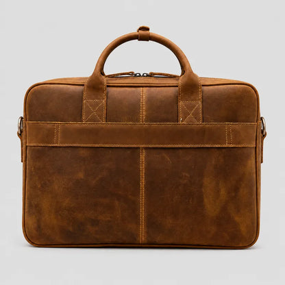 Back view of vintage leather laptop bag