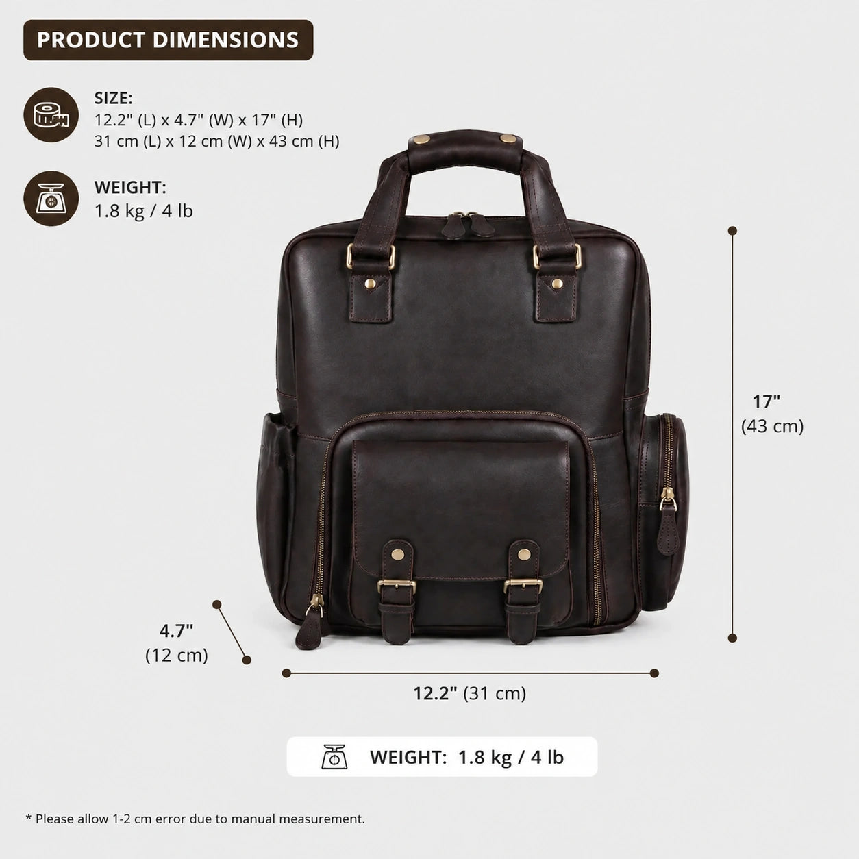 Dark brown Crazy Horse leather camera backpack on a light gray background, front view with detailed dimensions labeled: 12.2" (31 cm) width x 4.7" (12 cm) depth x 17" (43 cm) height, weight 1.8 kg / 4 lb, showing top handle, front flap pocket with buckles, and side pocket. Suitable for DSLR cameras, laptop, and travel essentials.