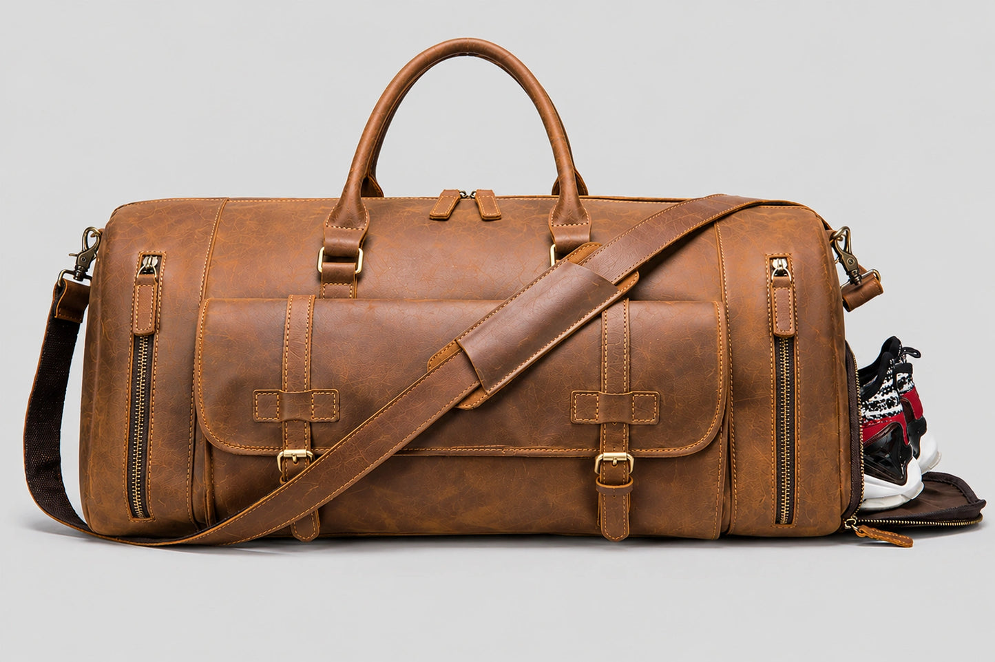 Crazy horse leather travel duffel with shoe compartment