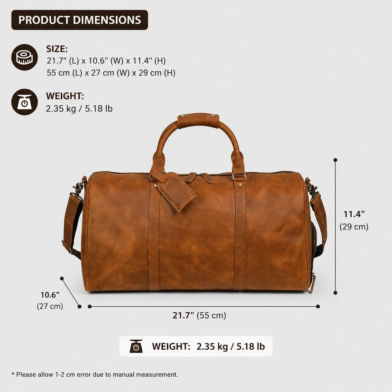 Vintage Crazy Horse Leather Weekender -Full Grain Travel Duffle Bag