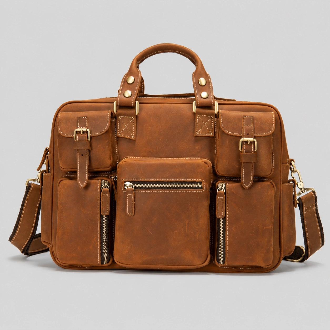 Vintage crazy horse leather briefcase front view, multiple pockets, professional business style
