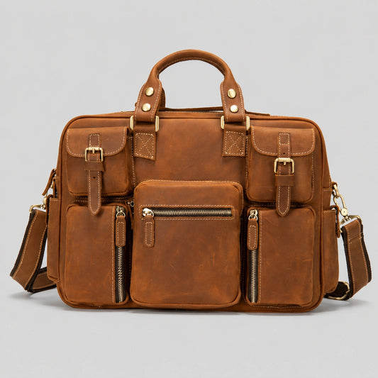 Vintage crazy horse leather briefcase front view, multiple pockets, professional business style