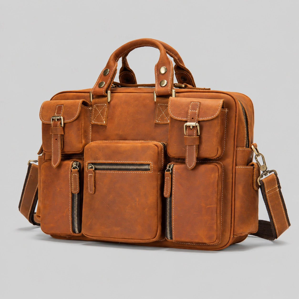 45-degree front view of vintage leather briefcase, professional business style