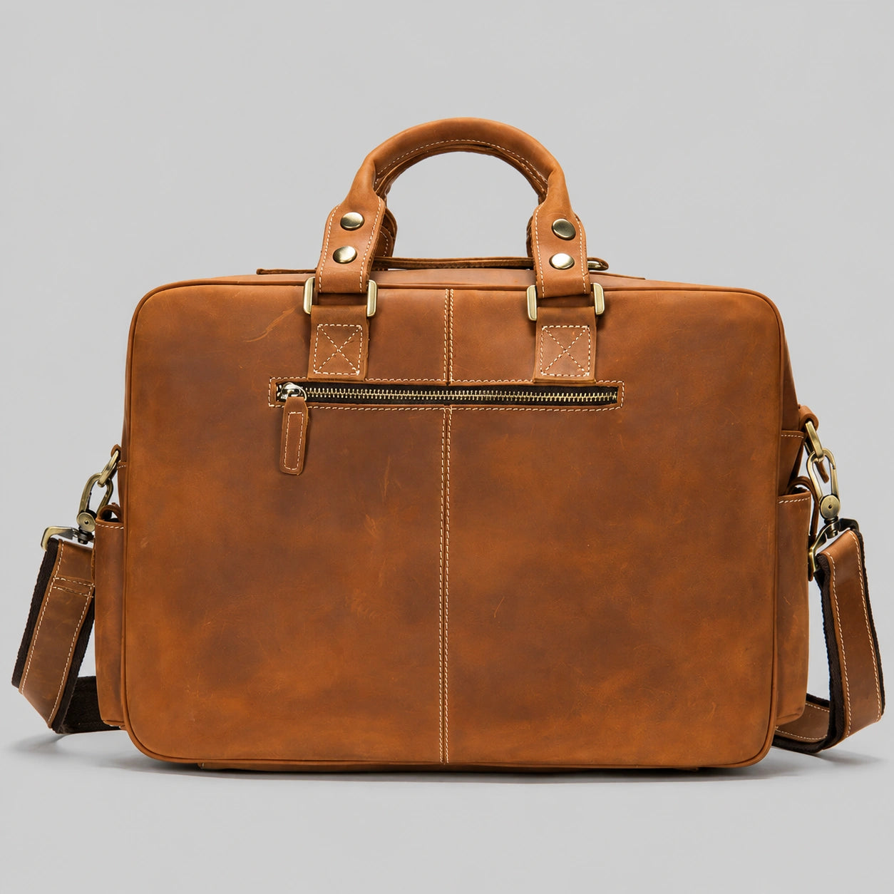 Premium leather briefcase back view with zip pocket, durable construction