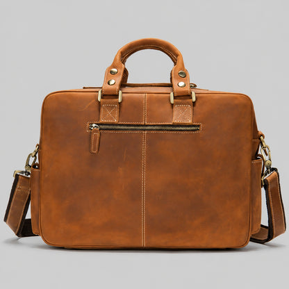 Premium leather briefcase back view with zip pocket, durable construction