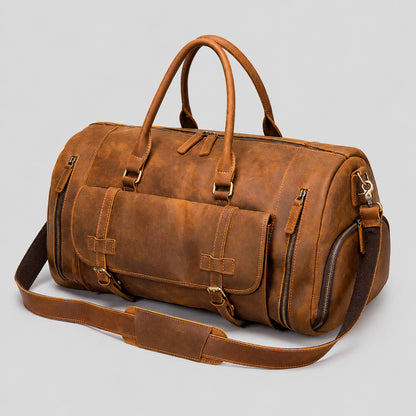 Side angle of crazy horse leather travel duffel bag