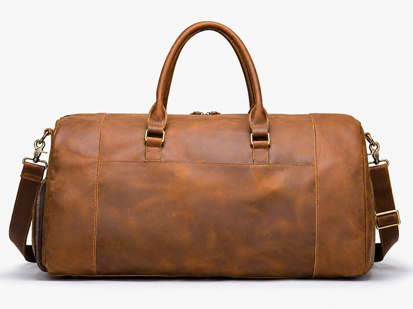 Back view of handcrafted leather weekender travel bag