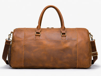 Back view of handcrafted leather weekender travel bag