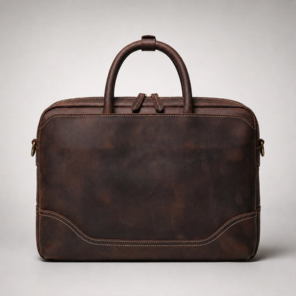 HICEPOR crazy horse leather briefcase back view with reinforced stitching