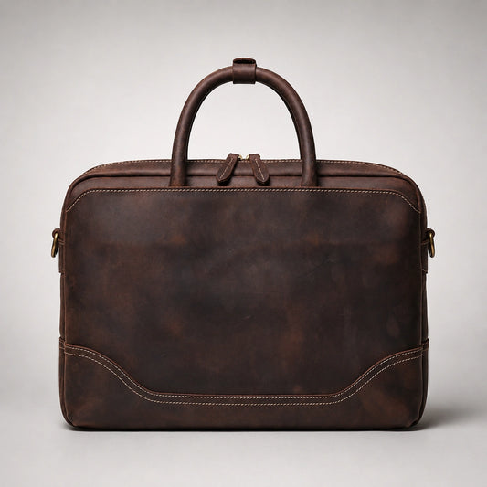 HICEPOR crazy horse leather briefcase back view with reinforced stitching
