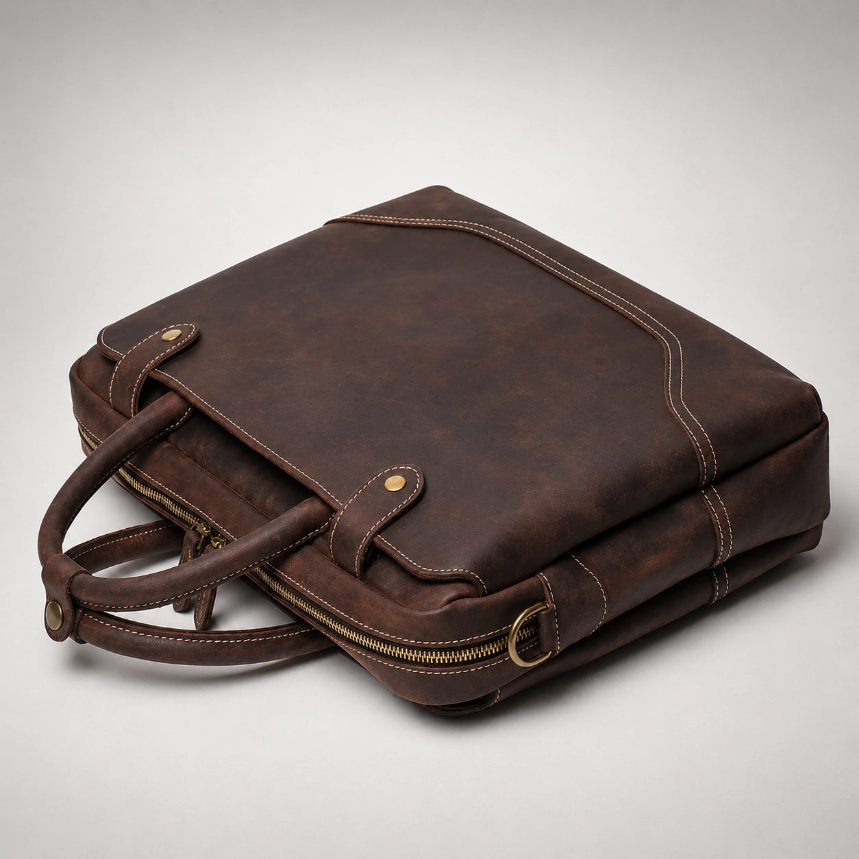 HICEPOR crazy horse leather briefcase top angle with brass zipper