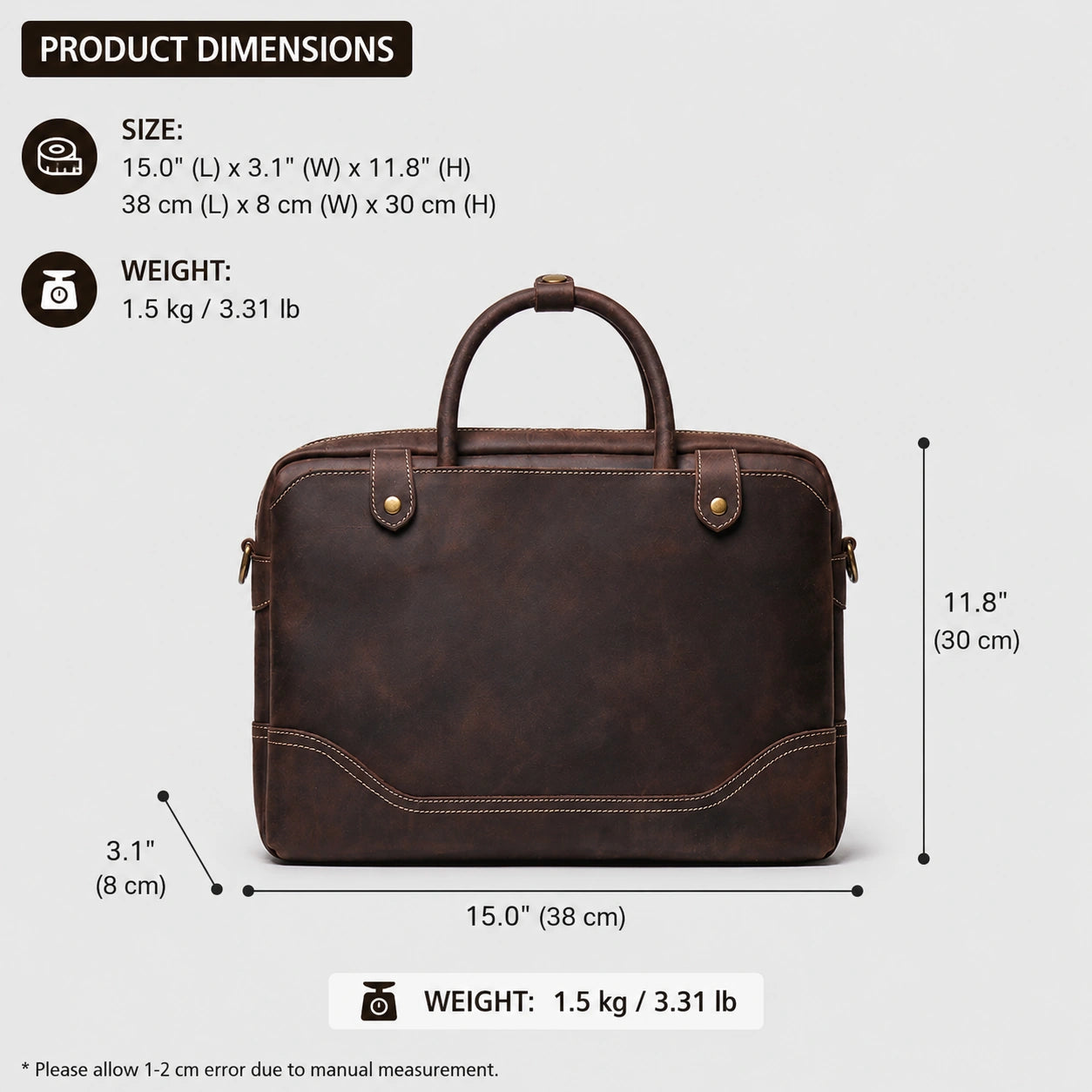 HICEPOR leather briefcase dimensions 38 x 8 x 30 cm