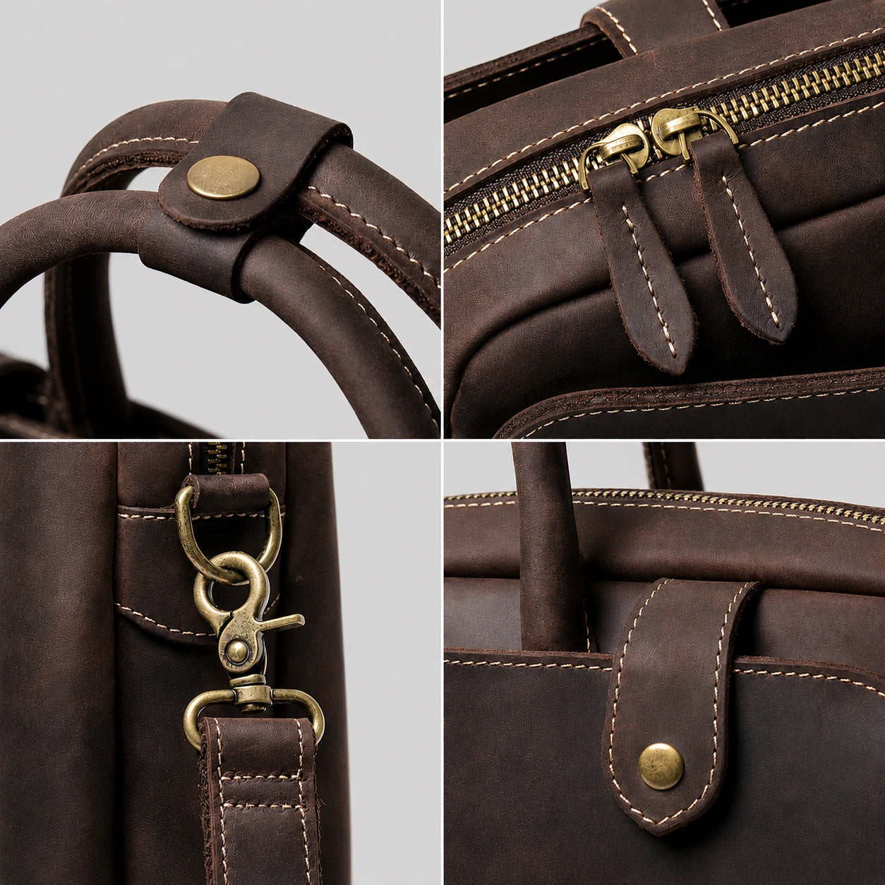 HICEPOR leather briefcase brass hardware zipper and handle detail