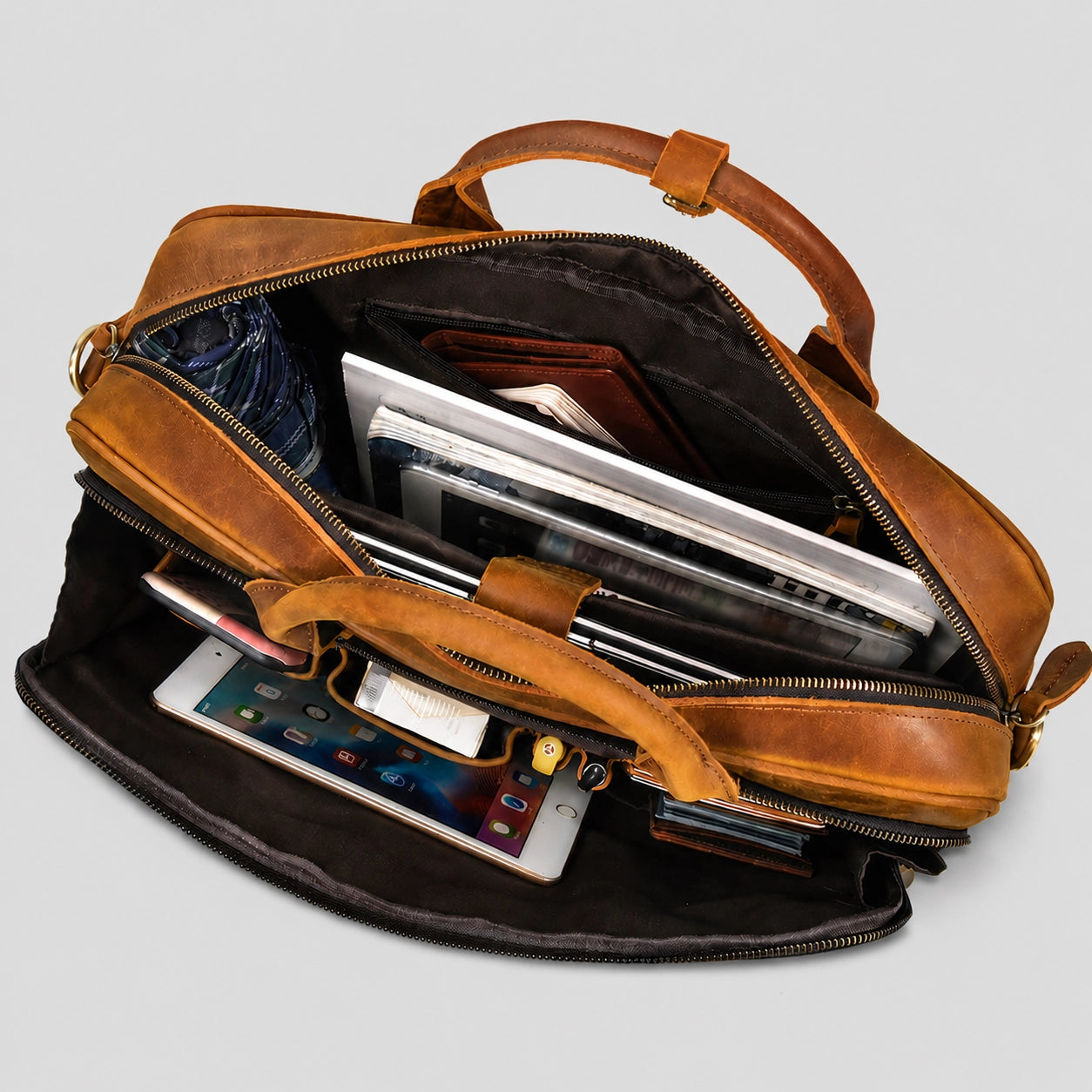 Interior compartments of vintage leather briefcase