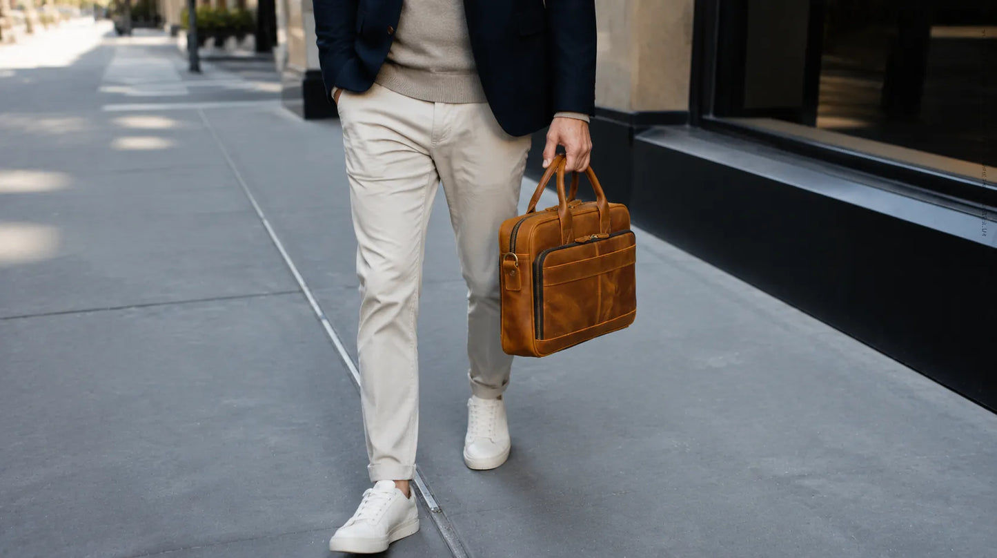 Man carrying vintage leather briefcase in urban setting