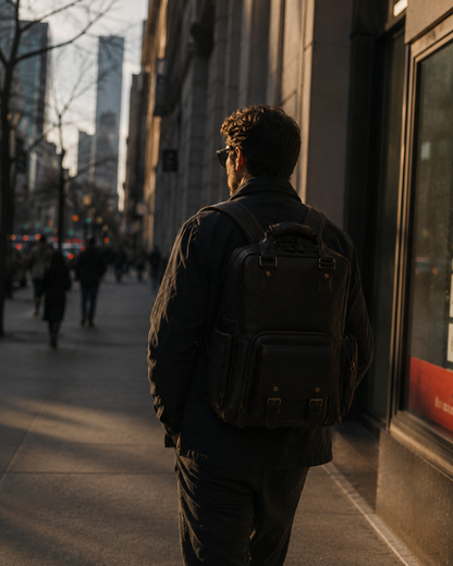 Man wearing vintage leather camera backpack in urban city environment