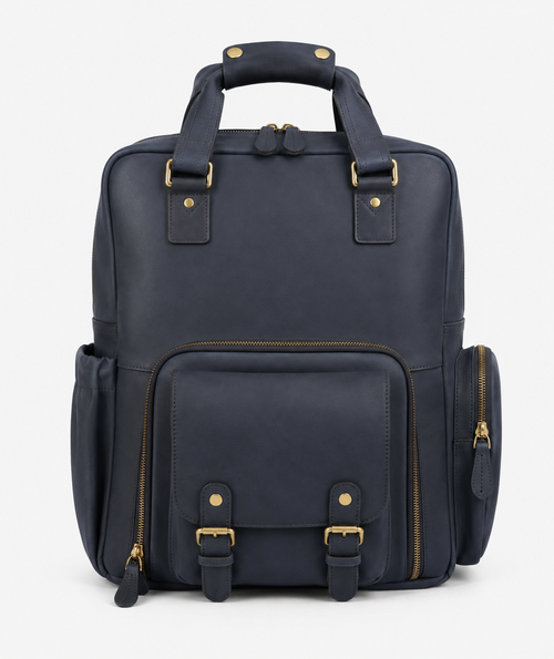 Navy blue leather camera backpack for photographers and travelers