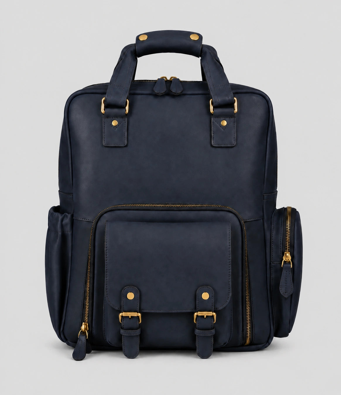 Navy blue Crazy Horse leather camera backpack on a light gray background, front view showing top handle, front flap pocket with buckles, side pocket, and durable brass hardware. Suitable for DSLR cameras, laptop, and travel essentials.