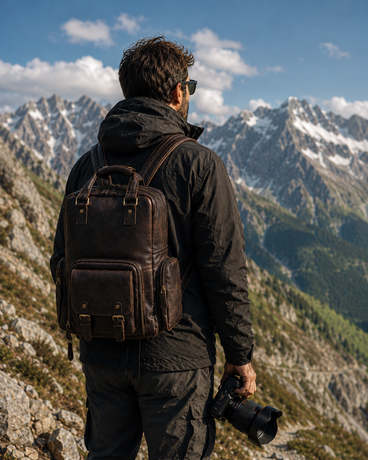 Outdoor travel photographer carrying vintage leather camera backpack in mountains