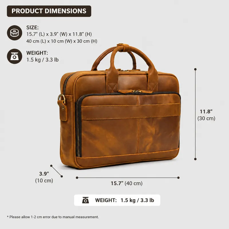 Brown leather briefcase dimensions and weight illustration, 40×10×30 cm (15.7×3.9×11.8 in), 1.5 kg (3.3 lb), professional men’s work bag